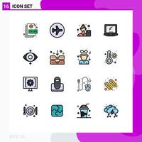 Flat Color Filled Line Pack of 16 Universal Symbols of device computer flying data scientist analyzer Editable Creative Vector Design Elements