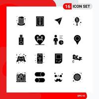 Universal Icon Symbols Group of 16 Modern Solid Glyphs of love usb sets flash drive music Editable Vector Design Elements