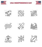 Pack of 9 creative USA Independence Day related Lines of bridge sports hot dog bat ball Editable USA Day Vector Design Elements