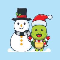 Cute turtle playing with Snowman. Cute christmas cartoon illustration. vector