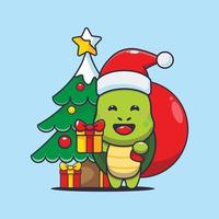 Cute turtle carrying christmas gift. Cute christmas cartoon illustration. vector