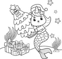 libro de colorear de navidad con linda sirena unicornio vector