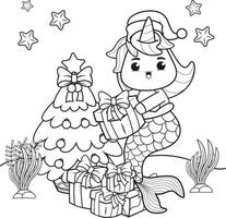 libro de colorear de navidad con linda sirena unicornio vector