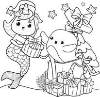 Christmas coloring book with cute unicorn mermaid vector