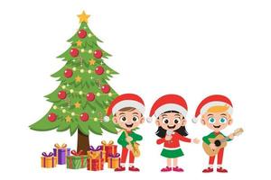 Happy kids in Christmas costumes sing musical in front of Christmas   tree vector illustration