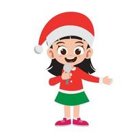 Happy cute little girl sing while holding microphone in christmas costume vector illustration