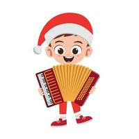Happy cute little boy holding accordion in christmas costume vector illustration
