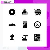 Mobile Interface Solid Glyph Set of 9 Pictograms of application nature planet hill mountain Editable Vector Design Elements