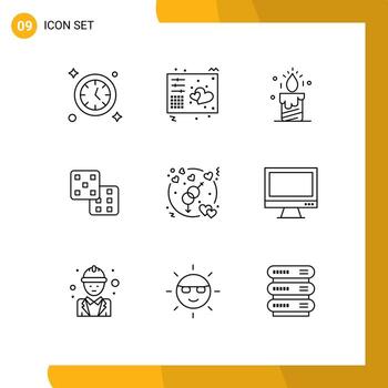 9 Outline concept for Websites Mobile and Apps love engagement candle probability dice Editable Vector Design Elements