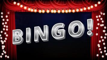 fondo abstracto del cartel de texto de bingo con bombillas y escenario rojo vector