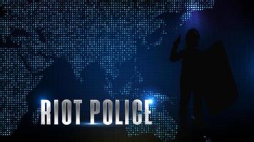 abstract futuristic technology blue background of silhouette riot police and world map vector