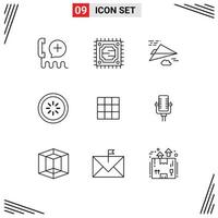 Pack of 9 Modern Outlines Signs and Symbols for Web Print Media such as feed interface paper plane connection buffer Editable Vector Design Elements