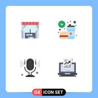 Set of 4 Commercial Flat Icons pack for building microphone break lunch analytics Editable Vector Design Elements