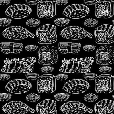 Pattern with sushi isolated on black background. Design for chalkboard