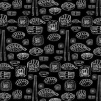 Pattern with sushi isolated on black background. Design for chalkboard vector