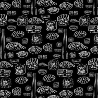 Pattern with sushi isolated on black background. Design for chalkboard