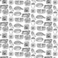 Vector pattern with hand drawn sushi and rolls on white color. Pattern on the theme of japanese food. Background for use in design, packing, web site, fabric