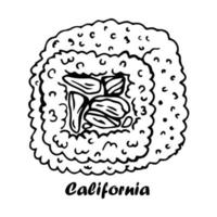 rollos de california de sushi deliciosos y frescos en estilo garabato. ilustración aislada en blanco y negro sobre un fondo blanco vector