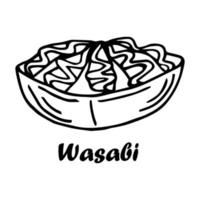 salsa de wasabi en la ilustración de vector de icono de contorno de tazón. línea de dibujo a mano salsa de crema japonesa para comida, aderezo cremoso picante y condimento con textura en taza, vista lateral de la salsa de restaurante de Japón