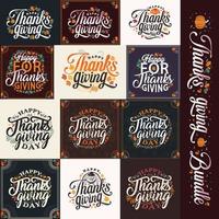 Set with lettering and illustrations for Thanksgiving Day. Give Thanks, Pumpkin Pie, Harvest Party, Autumn Blessings, Thankful and Blessed. vector