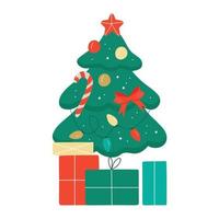 árbol de navidad con estrella, globos y luces. un abeto verde o un pino decorado con cajas de regalo, guirnaldas brillantes y una cinta roja. vector