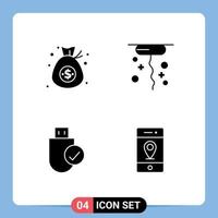 Set of 4 Vector Solid Glyphs on Grid for bag devices money giving stick Editable Vector Design Elements