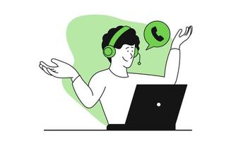 Man and online support vector illustration. Business communication and call service help. Computer chat with customer and center assistance client. Operator with headset and hotline network talking