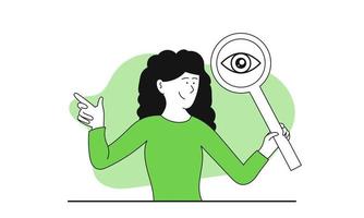 Woman holding a magnifying glass vector illustration concept. Search for investments and business growth. Finance success profit and vision development. Research market and find investor to future