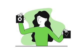 mujer sosteniendo un botón de configuración en el concepto de ilustración de vector de mano. proceso de estrategia empresarial y plan de oficina de éxito. software de innovación de marketing y codificación de aplicaciones. desarrollador profesional