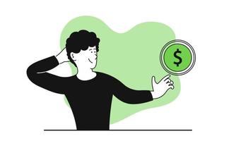 Man pointing at a flying coin vector illustration concept. Financial success and business growth. Investment money and stock market profit. Increase wealth and future opportunity. Performance invest