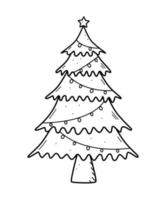 Christmas tree is traditionally decorated with toys and garlands. Vector illustration symbol of Christmas and New year.