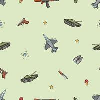 Seamless Pattern Military doodle icons. Vector illustration of a set of military equipment, army items.