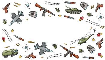 Military doodle color icons. Vector illustration of a set of military equipment, army items.