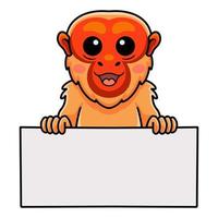 Linda caricatura de mono uakari calvo con cartel en blanco vector