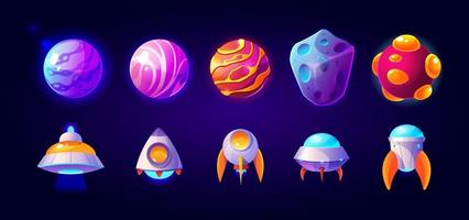 Ufo, spaceships and rockets with planets set. vector