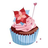 cupcake festivo con crema rosa, corazones y una flor vector