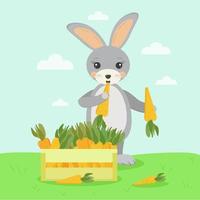 the rabbit has harvested a carrot and is eating it vector