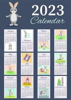 diseño de un calendario vertical para 2023 con un conejo en azul con un personaje e imágenes para cada mes vector