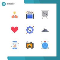 Mobile Interface Flat Color Set of 9 Pictograms of phone sign processor heart performance Editable Vector Design Elements