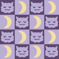 Night seamless pattern with sleepy cats faces and moon in retro swiss style. vector