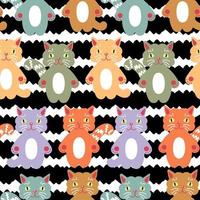 Childish seamless pattern with cat faces on striped background. Modern print for T-shirt, textile, fabric, paper. Hand drawn vector illustration for decor and design.