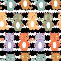 Childish seamless pattern with cat faces on striped background. Modern print for T-shirt, textile, fabric, paper. Hand drawn vector illustration for decor and design.