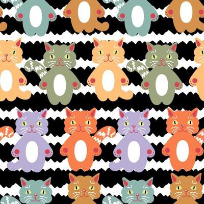 Childish seamless pattern with cat faces on striped background. Modern print for T-shirt, textile, fabric, paper. Hand drawn vector illustration for decor and design.