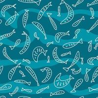 Retro style seamless pattern with doodle fishes on waved background. vector