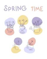 Lineart spring flowers crocuses, lavender, daffodils, daisy and pansy poster. vector