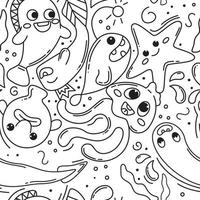 Hand-drawn seamless doodle pattern of doodle fish. Hipster abstract doodles with funny creatures. Fish, jellyfish, starfish, blob fish, eel. Kawaii black and white vector pattern for printing.