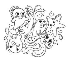 juego de garabatos de pescado dibujado a mano. garabatos abstractos hipster para impresiones con criaturas divertidas. peces, medusas, estrellas de mar, peces blob. ilustraciones vectoriales kawaii en blanco y negro aisladas en fondo blanco. vector