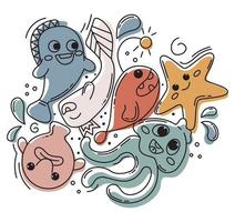 Hand-drawn set of colored fish doodles. Children's Hipster abstract doodles with funny creatures. Fish, jellyfish, starfish, blob fish. Kawaii colorful vector illustrations isolated on white.