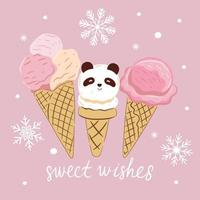 Cute pink card with panda-shaped ice cream. Vector graphics.