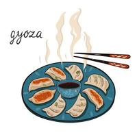 Plate with japanese gyoza dumplings isolated on white background. Vector graphics.